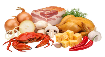 A diverse assortment of raw ingredients chicken, bacon, crab, cheese, and fresh vegetables, isolated isolated on transparent background
