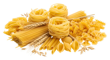 A diverse collection of dry pasta varieties fettuccine, spaghetti, penne, and wheat, isolated isolated on transparent background