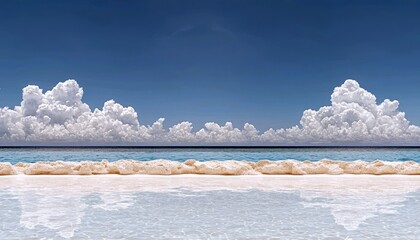 A serene tropical beach scene featuring pristine white sand, crystal-clear turquoise water, and fluffy white clouds against a vibrant blue sky.
