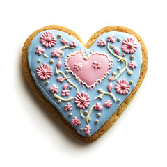 Heart shaped cookie decorated with blue icing and pink flowers isolated on white background