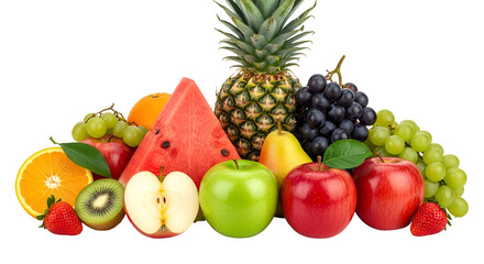 A vibrant and healthy assortment of fresh fruits pineapple, watermelon, apples, grapes, and berries, isolated isolated on transparent background