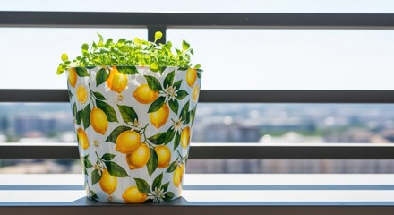Obraz premium Lemon-patterned pot with green plant on balcony railing overlooking cityscape