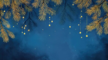 Festive cartoon fantasy illustration, dark pine branches and twinkling stars on a blue background, warm tones, with dark shades creating a magical holiday atmosphere.