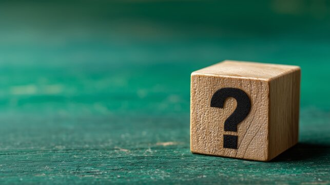 Question mark icon (?) on wooden cubes on a green chalkboard background, Q and A, questions and answers concept.	