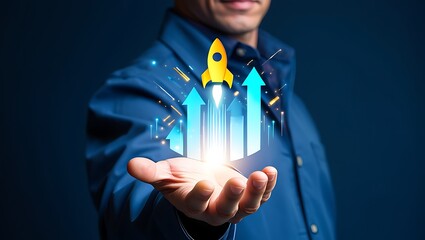 Concept of business startup with rocket and growing financial graph