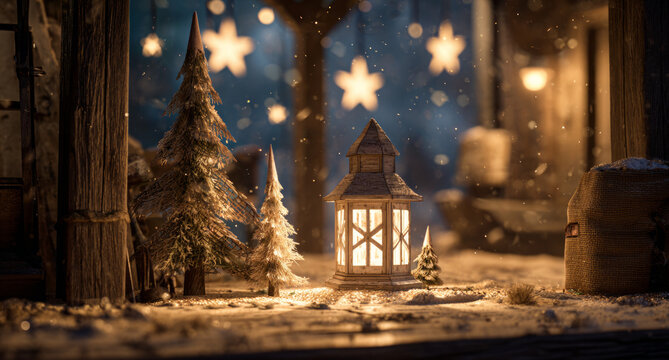 Winter lantern snowy village warm light wooden cabin night - Powered by Adobe