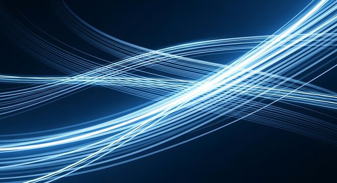 Abstract blue light trails swirling and intertwining against a dark deep blue background