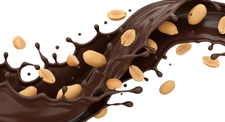 Dynamic splash of melted chocolate with falling roasted peanuts isolated on transparent background
