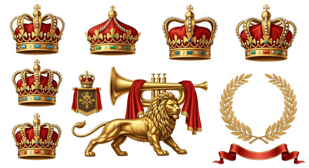 Royal symbols set with golden crowns, a lion, trumpet, shield, and laurel wreath isolated on transparent background