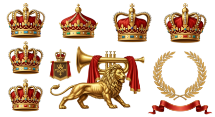 Royal symbols set with golden crowns, a lion, trumpet, shield, and laurel wreath isolated on transparent background