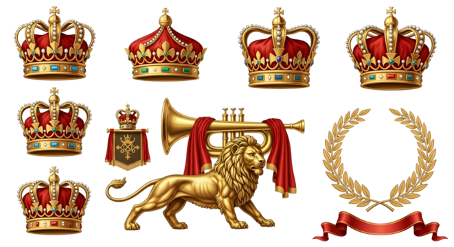 Royal symbols set with golden crowns, a lion, trumpet, shield, and laurel wreath isolated on transparent background