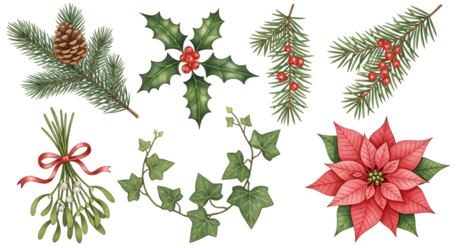 Christmas plants and berries set, isolated on transparent background