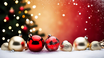 Festive Christmas Ornaments on Snow with Bokeh Lights and Red Gradient Background