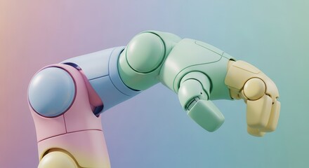 Segmented mechanical arm rendered in pastel colors forms a stylized closed fist against a soft gradient background