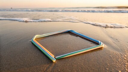 Colorful Straws Arranged in a Square Shape on Sandy Beach at Sunset