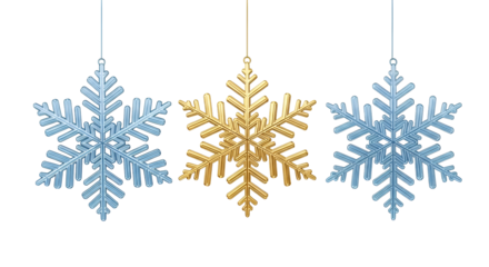 Three sparkling decorative snowflakes, two blue and one gold, hanging for winter holidays isolated on transparent background