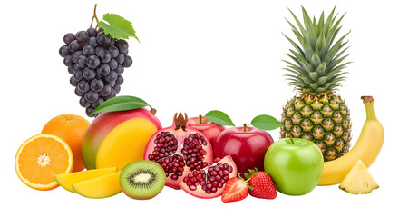 Colorful assortment of fresh, ripe fruits including grapes, pineapple, banana, orange, mango, kiwi, pomegranate, apple, and strawberry isolated on transparent background