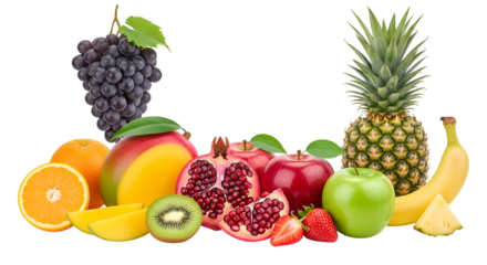 Colorful assortment of fresh, ripe fruits including grapes, pineapple, banana, orange, mango, kiwi, pomegranate, apple, and strawberry isolated on transparent background