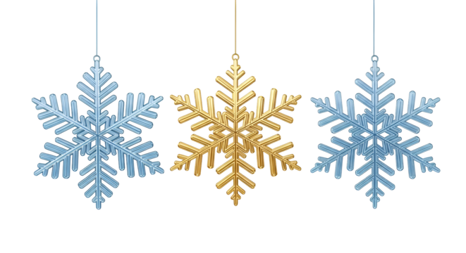 Three sparkling decorative snowflakes, two blue and one gold, hanging for winter holidays isolated on transparent background