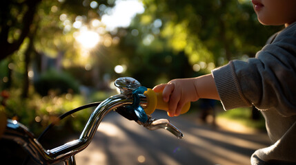 Faceless child adjusting the handlebars of a tricycle, sunlight creating soft bokeh in the background, focus on concentration and growth, with copy space.