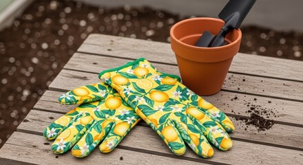 Vibrant lemon-patterned gardening gloves with pot and trowel on wooden table