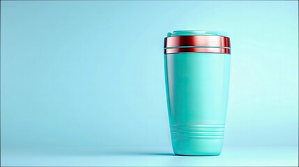 A turquoise reusable travel mug with copper accents sits on a light blue surface against a matching light blue background.