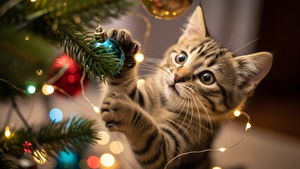 Curious Kitten Playing with Christmas Ornament