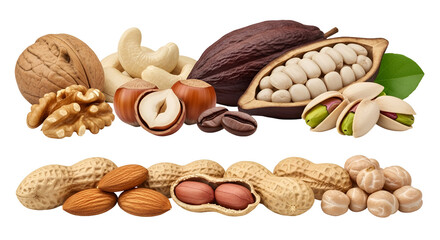 Assortment of healthy nuts and cocoa beans walnuts, cashews, hazelnuts, pistachios, peanuts isolated on transparent background