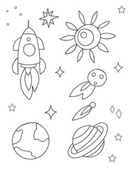 Hand drawn spaceship, planets and comet isolated on a white background. Cosmos doodle collection. Vector illustration, design elements, coloring page.