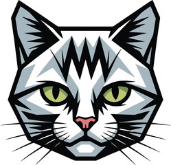 Stylized Cat Face Vector Illustration with Geometric Design and Bold Outlines on Transparent