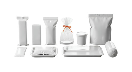 Assortment of blank white food packaging items bags, trays, and containers, isolated on transparent background