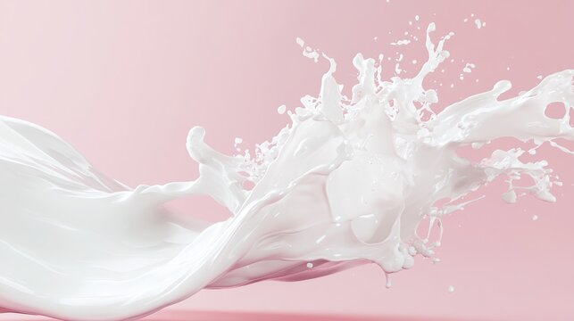 Abstract milk wave, splashing, flowing, looping, white against pastel, 3D render, digital art, smooth, minimalist