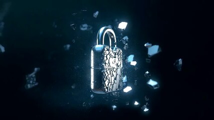 Shattered particles flying around a glowing metallic padlock suspended in dark space creating a dramatic cybersecurity and protection concept scene - Powered by Adobe