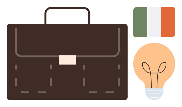 Brown leather briefcase beside a lightbulb and Irish flag, symbolizing business, innovation, and national identity. Ideal for startups, finance, creativity, teamwork, leadership education economic