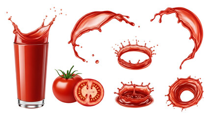 Set of fresh tomato juice splashes, a glass of juice, and ripe tomatoes, isolated on transparent background