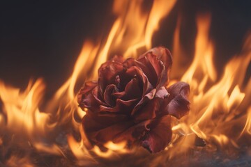 Deep Red Rose at the Heart of a Raging Fire