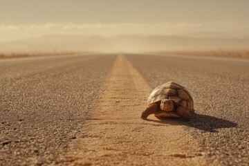 Solitary Tortoise Centered on a Desert Road - Copy Space