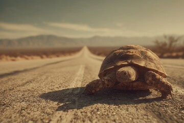 Determined Tortoise on a Lonely Desert Highway -  The Long Journey