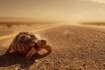 Tortoise Travels a Sun-Kissed Desert Road - Space for Text