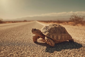 Lone Tortoise Pauses on a Desert Roadside - Copy Space