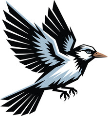 Stylized Bird in Flight Vector Illustration with Geometric Design and Bold Outlines on Transparent