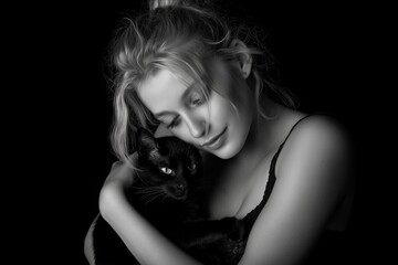 Tender Monochrome Portrait of a Woman Cuddling a Black Cat