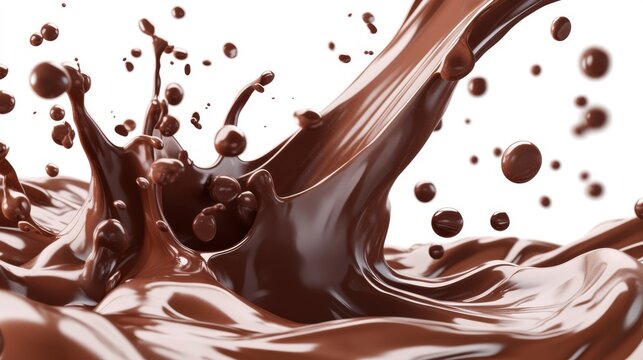 Chocolate and milk splash collision, fluid dynamics, realistic render, swirling waves and ribbons, droplets and air bubbles, white background, sharp focus, high resolution, vector art