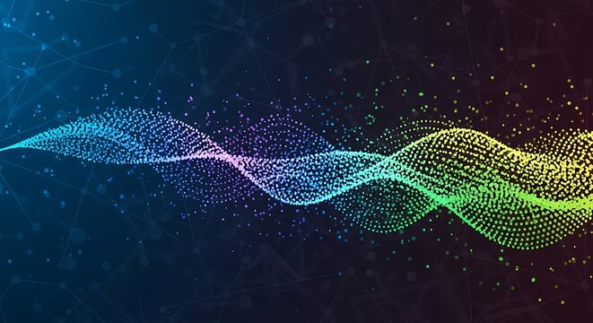 Abstract digital waveform of glowing particles in vibrant rainbow colors against a dark cosmic background - Powered by Adobe