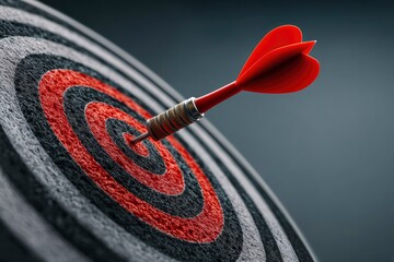A dart pierces the center of a target showcasing a red dart against concentric red black and gray rings