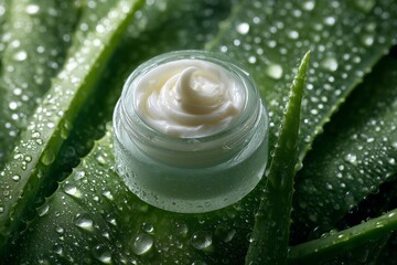 Top-Down View of Aloe Cream Surrounded by Fresh Leaves