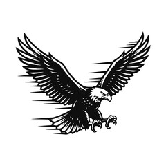 Obraz premium Eagle silhouette in black and white vector style, dynamic flying bird symbol of freedom and power, eagle silhouette, flying eagle, bird art, wild bird, freedom symbol