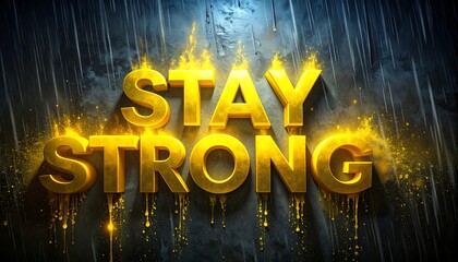 Gold "Stay Strong" phrase with dripping paint against a wet-looking dark backdrop with vertical lines