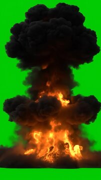 Massive explosion creates vertical fireball against green backdrop. Thick smoke rises, showcasing dramatic aftermath. Intense atmosphere evokes power and destruction.