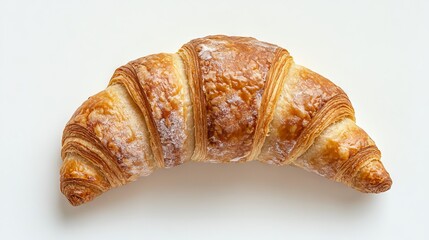Frozen croissant, raw dough, partially baked, white background, isolated, top view, close up, detailed texture, layers of dough, cold, icy, ready to bake, pastry, French, classic, copy space,